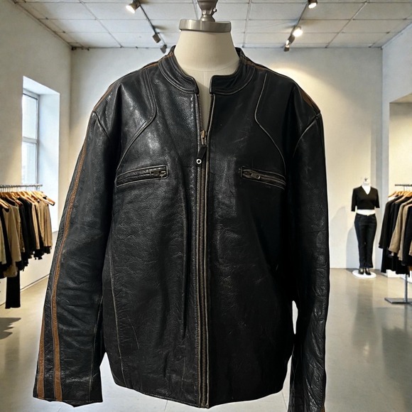 Wilsons Leather Black Cafe Racer Moto Jacket Brown Stripes Mens XL